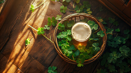 Product photograph of beer pint glass in a basket full of green clovers on a wooden floor. Drinks. St. Patrick's . Friends 