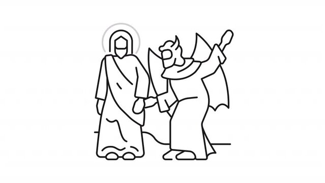 Temptation of Christ line animation. Jesus and Satan animated icon. New testament. Christian story. Black illustration on white background. HD video with alpha channel. Motion graphic