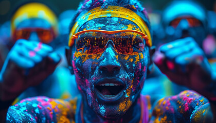 Close-up of marathon, people covered with colored powder. - obrazy, fototapety, plakaty