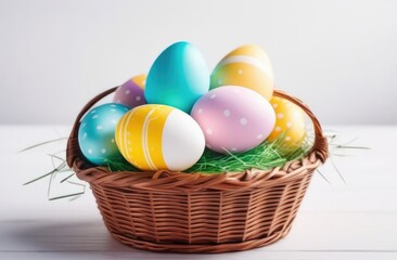 Fototapeta na wymiar Several Easter colored eggs are lying in a wooden basket on a white background. A place for the text.