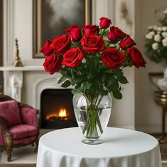 A bouquet of red roses in a vase on a white tablecloth in a luxurious living room with a fireplace.