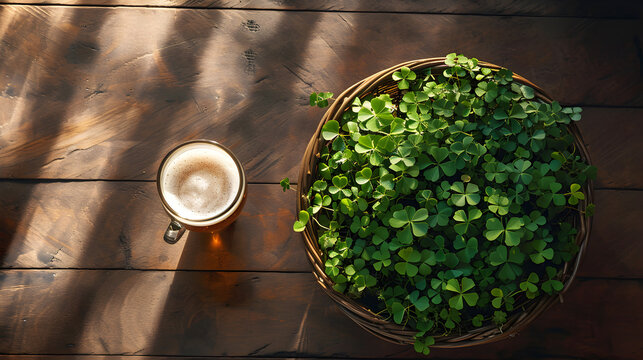 Product photograph of beer pint glass in a basket full of green clovers on a wooden floor. Drinks. St. Patrick's . Friends 