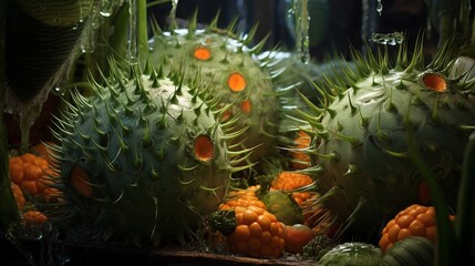 A pristine arrangement of sliced kiwanos, their green, jelly-like interior framed by spiky orange skin. - obrazy, fototapety, plakaty