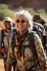 Fototapeta premium Middle-aged woman tourist with backpack hiking in the mountains