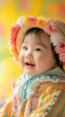 Happy Asian Baby in Colorful Clothing Poses Against a Vibrant Background, Radiating Joy and Innocence