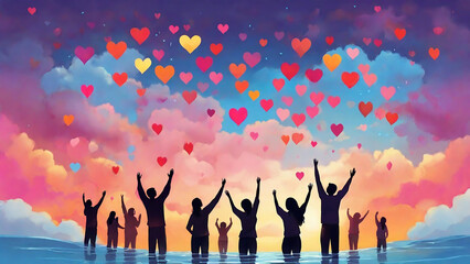 Silhouette of a group of people raising their hands in the sky with hearts