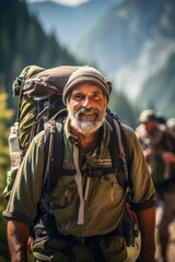 Elderly man with a backpack hiking in the mountains