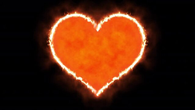 Orange flaming heart intro on transparent background, fire heart for Valentine's day