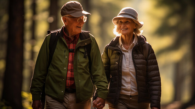 A couple of middle-aged tourists with a backpack on a hike in the mountains