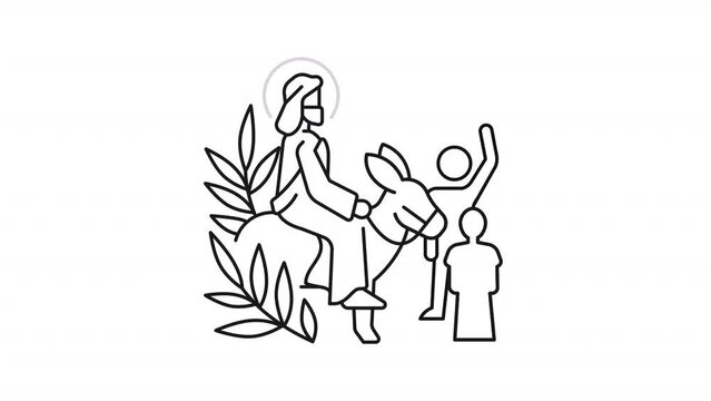 Entry into Jerusalem line animation. Jesus Christ riding donkey animated icon. Palm sunday. Start of holy week. Black illustration on white background. HD video with alpha channel. Motion graphic