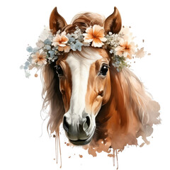 Portrait, head horse with Flowers. Watercolor Illustration isolated on transparent background.
