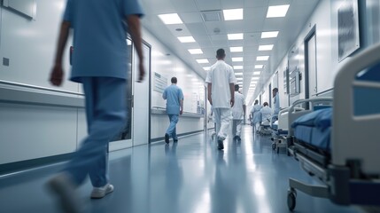 Doctors or nurses walking in hospital hallway, blurred motion