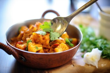 spoon serving aloo gobi from a copper pot