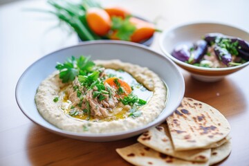 baba ganoush with a scoop removed, served with warm flatbread