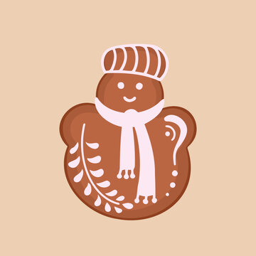 Snowman gingerbread, cookie. Vector Illustration for printing, backgrounds, covers and packaging. Image can be used for greeting cards, posters, stickers and textile. Isolated on white background.