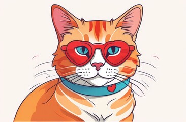 Red kitten with red heart-shaped glasses on white background. cartoon Illustration. Valentine's Day, love. Postcard.