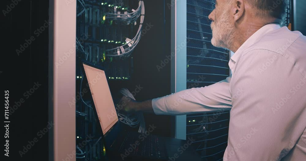 Poster Mature man in datacenter with laptop, cable for network maintenance or engineer in digital storage for data update. Tech support, system administration or technician online in server room on computer