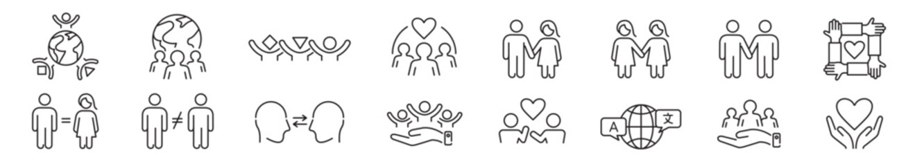 Diversity, Tolerance, LGBTQ, Equality, Belonging editable stroke icon set collection illustration Vector 