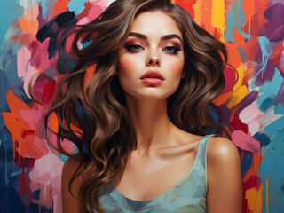 Portrait artwork of beautiful young woman with colorful background