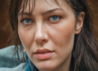 Close-up of a woman with striking blue eyes and damp hair.

