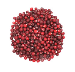 Cranberry berries isolated on white background. Pile of red fresh cranberries. Top view.