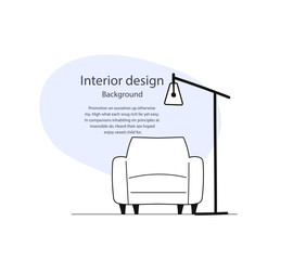Interior design home outline composition of armchair and floor lamp with light blue space at the background and text. Editable vector illustration