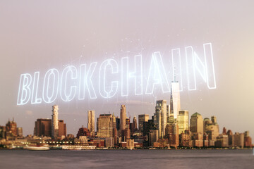 Abstract virtual blockchain technology sketch on Manhattan office buildings background, future technology and blockchain concept. Double exposure