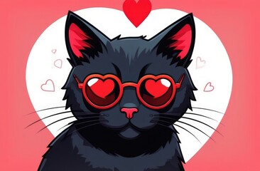A black kitten with red heart-shaped glasses. Cartoon Illustration. Valentine's Day, love. Postcard.