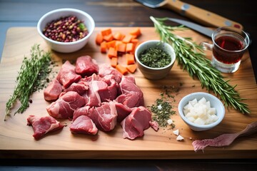 ingredients for beef bourguignon arranged on a wooden board
