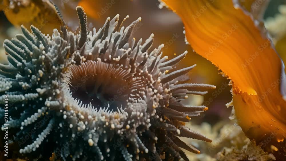 Poster closeup of a spiny sea urchin nestled a s of seaweed its intricate pattern of spines visible in shar
