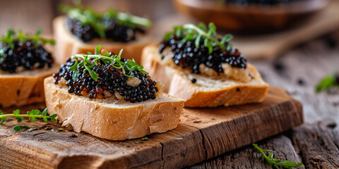 Sandwiches with caviar on a wooden table