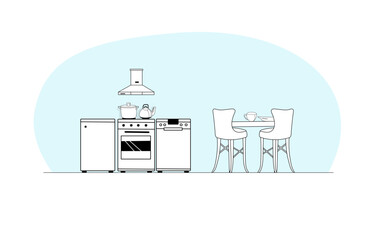 Kitchen outline interior in light blue space. Simple contour dining zone with kitchen cooking area. Vector illustration