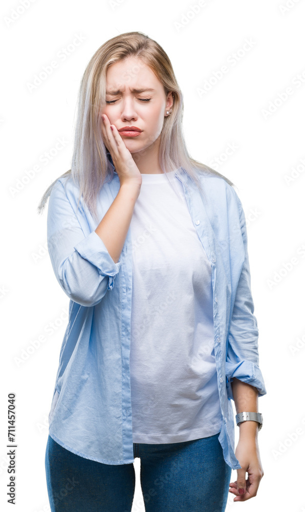 Poster Young blonde woman over isolated background touching mouth with hand with painful expression because of toothache or dental illness on teeth. Dentist concept.