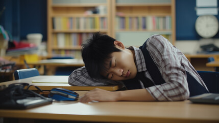 Jovem japones dormindo na sala de aula em cima da carteira  - obrazy, fototapety, plakaty