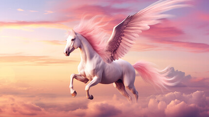 Cavalo alado cor de rosa voando no céu