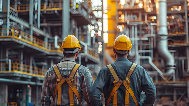 Two Construction Workers Wearing Safety Uniform And Hard Hats Working In Construction Site Looking At The Building. View From Behind.