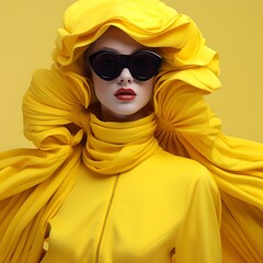 Portrait of a stylish beautiful girl with elegant makeup, trendy sunglasses and bright yellow scarf wrapped around her head