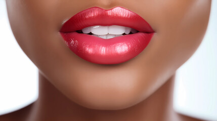 Obraz premium Front view and close up image of African American young model with fashion glossy lipstick. Model with perfect plump Lips. Lips makeup closeup. Beauty clinic concept