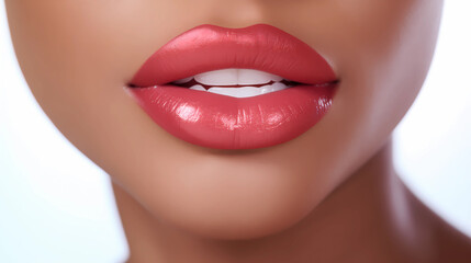 Fototapeta premium Front view and close up image of African American young model with fashion glossy lipstick. Model with perfect plump Lips. Lips makeup closeup. Beauty clinic concept