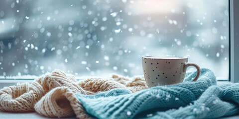 Hot coffee cup on snowy sill, wrapped in a knitted blue blanket, epitomizing winter warmth. Cozy Winter Coffee with copy space.