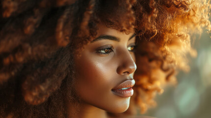 Fototapeta premium Curly Beauty: A Young African-American Woman with Attractive Afro Hair, Positively Posing in a Stylish Studio.