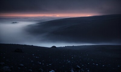 linux hacker background image. very dark. linux desktop image. mesmerizing dark landscape. fog. barely any light.