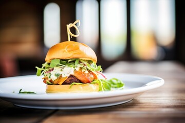 gourmet burger with arugula and goat cheese on a brioche bun - obrazy, fototapety, plakaty