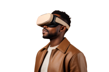 Portrait of African American man using virtual reality headset. VR, future, gadgets concept isolated on white background