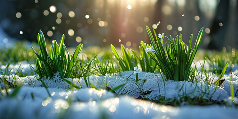 the snow is melting, green grass is breaking out from under it, the concept of the arrival of spring - obrazy, fototapety, plakaty