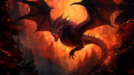 An intricately depicted fire dragon soaring over a dense forest, flames dancing from its maw, capturing the creature's power - Generative AI