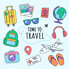 Travel and vacation objects, icons and accessories. Set of cartoon, comic holiday illustrations, vector drawings.