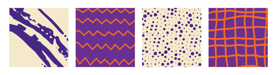 Simple Geometric Hand Drawn Irregular Patterns. Cute Colored Doodle Checkered simple drawing with textures, lines, dots and squiggles. Square Poster set