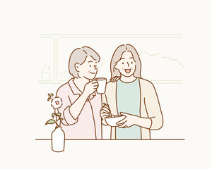 Two  mature women holding cup of coffee and talking to each other. Hand drawn style vector design illustrations.