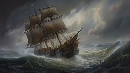 An intricately depicted pirate ship navigating through a raging storm, billowing sails in the tumultuous winds, captured with detailed realism in an oil painting style - Generative AI